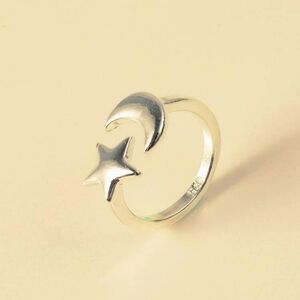 🆕Star & Moon Decor Adjustable Cuff Ring - SILVER-TONE